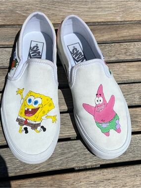 Custom SpongeBob Vans (White Women's Slip-On Shoe - Size 8)